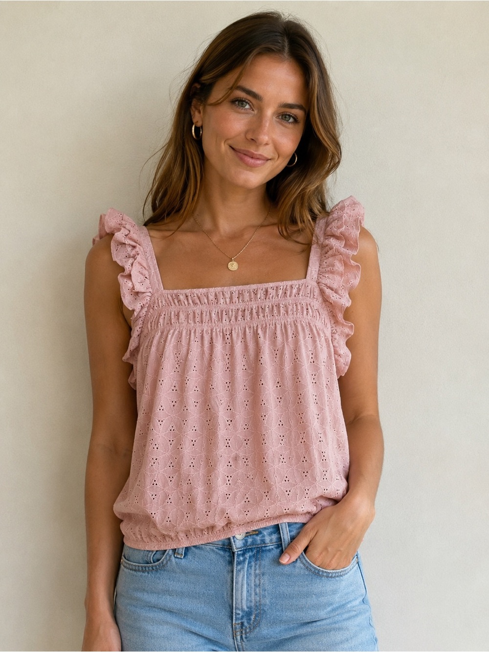 PerSeption Concept Dusty Pink Eyelet Ruffle Tank NWOT